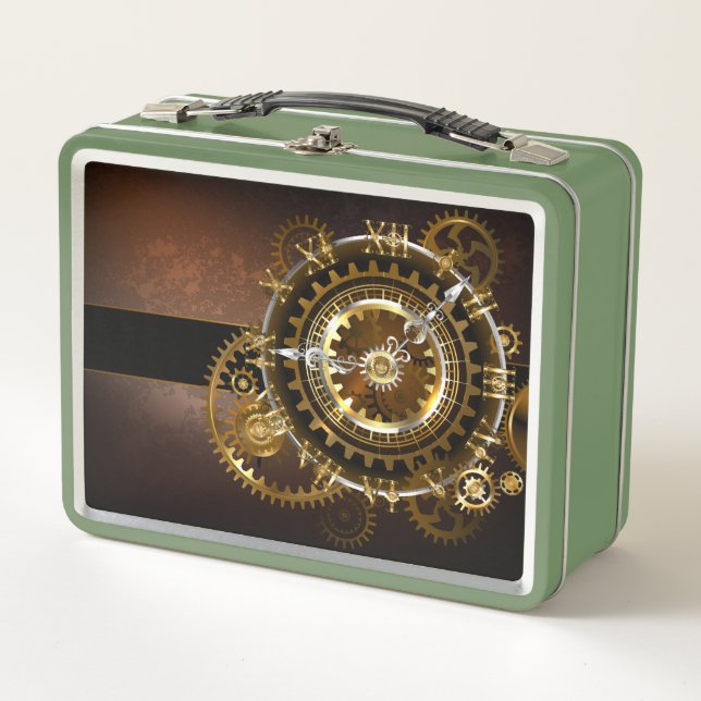 Steampunk clock with antique gears metal lunch box (Front)