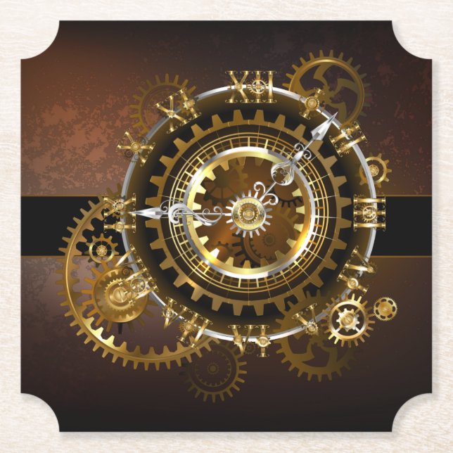 Steampunk clock with antique gears paper coaster (Front)