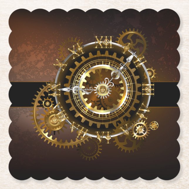 Steampunk clock with antique gears paper coaster (Front)