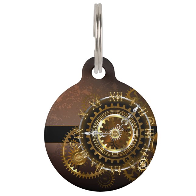 Steampunk clock with antique gears pet tag (Front)