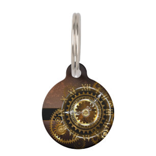 Steampunk clock with antique gears pet tag