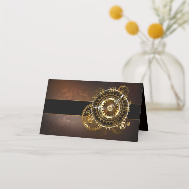 Steampunk clock with antique gears place card (Front)