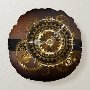 Steampunk clock with antique gears round cushion