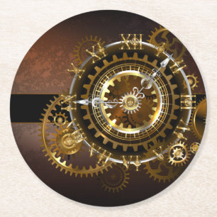 Steampunk clock with antique gears round paper coaster