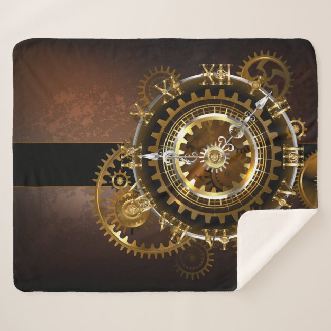 Steampunk clock with antique gears sherpa blanket (Front (Horizontal))