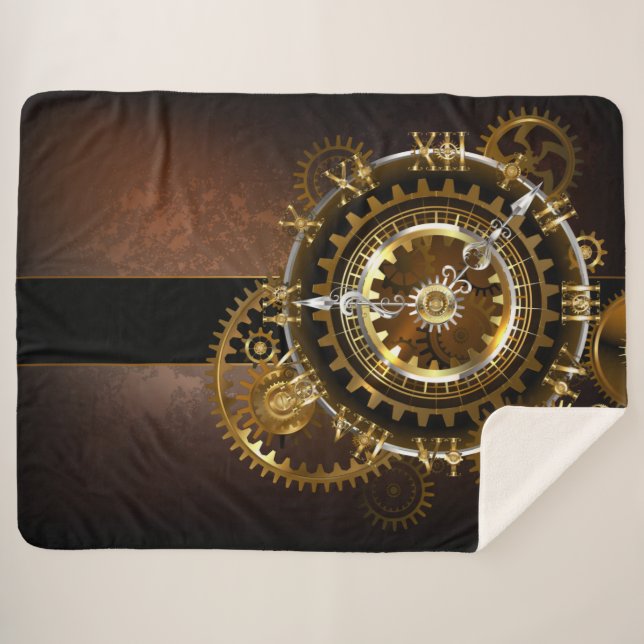 Steampunk clock with antique gears sherpa blanket (Front (Horizontal))