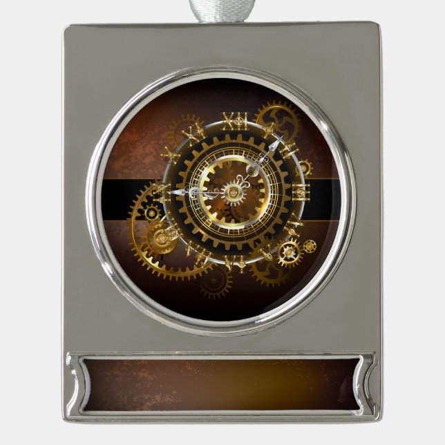 Steampunk clock with antique gears silver plated banner ornament (Front)
