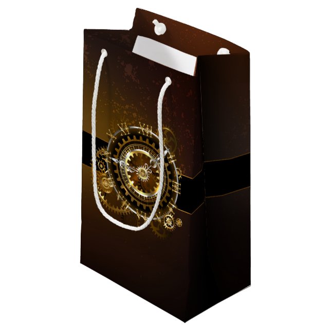 Steampunk clock with antique gears small gift bag (Front Angled)