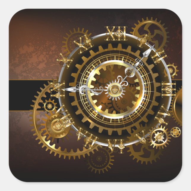 Steampunk clock with antique gears square sticker (Front)