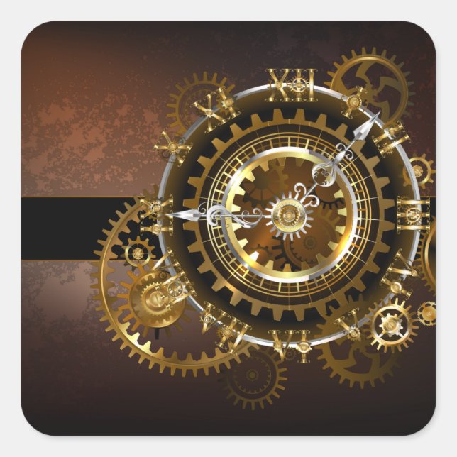 Steampunk clock with antique gears square sticker (Front)