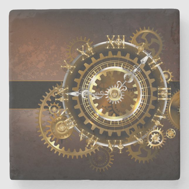 Steampunk clock with antique gears stone coaster (Front)