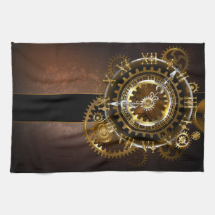 Steampunk clock with antique gears tea towel