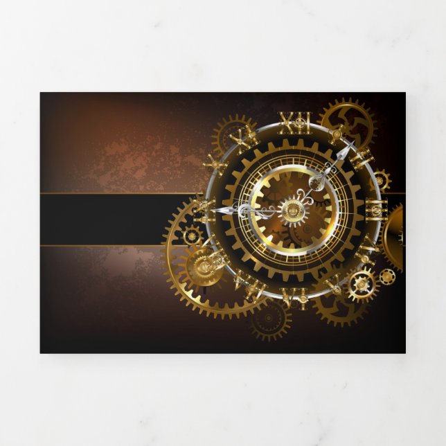 Steampunk clock with antique gears Tri-Fold invitation (Cover)