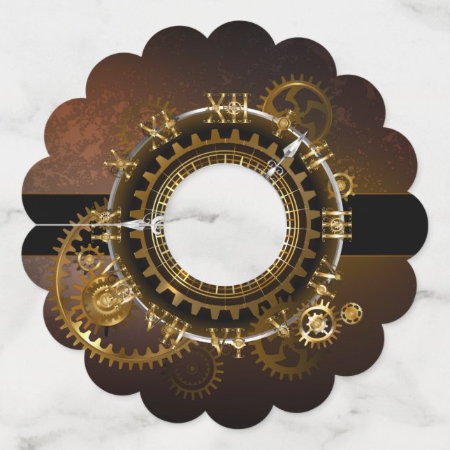 Steampunk clock with antique gears wine glass tag (Front)