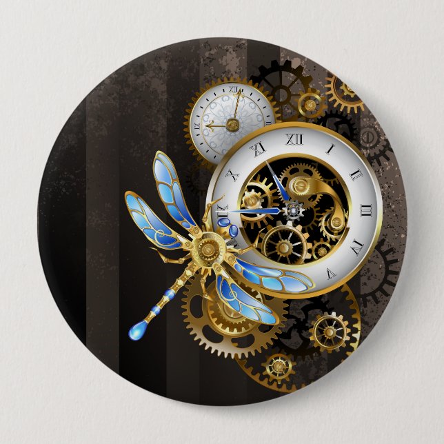 Steampunk Clock with Mechanical Dragonfly 10 Cm Round Badge (Front)