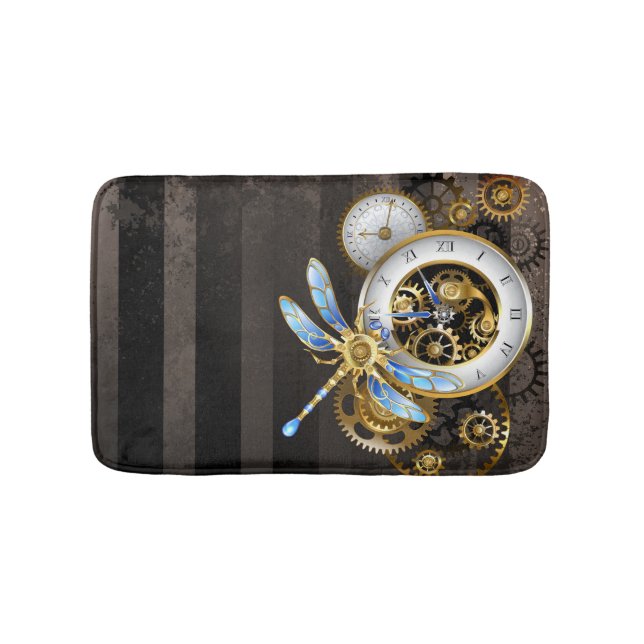 Steampunk Clock with Mechanical Dragonfly Bath Mat (Front)