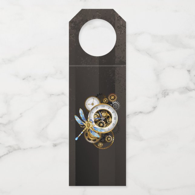 Steampunk Clock with Mechanical Dragonfly Bottle Tag (Front)