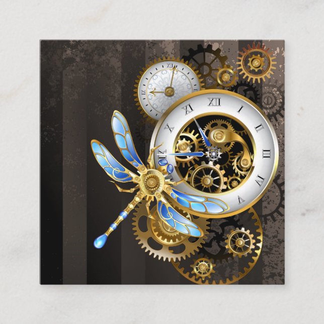 Steampunk Clock with Mechanical Dragonfly Calling Card (Front)