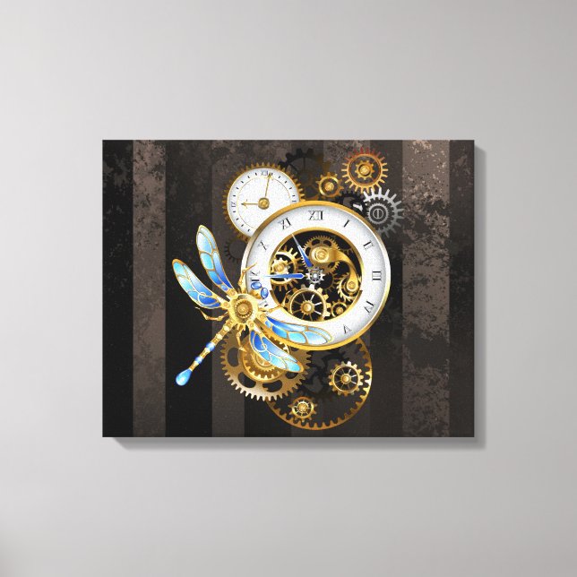 Steampunk Clock with Mechanical Dragonfly Canvas Print (Front)