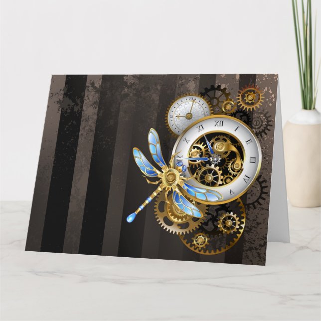 Steampunk Clock with Mechanical Dragonfly Card (Front)