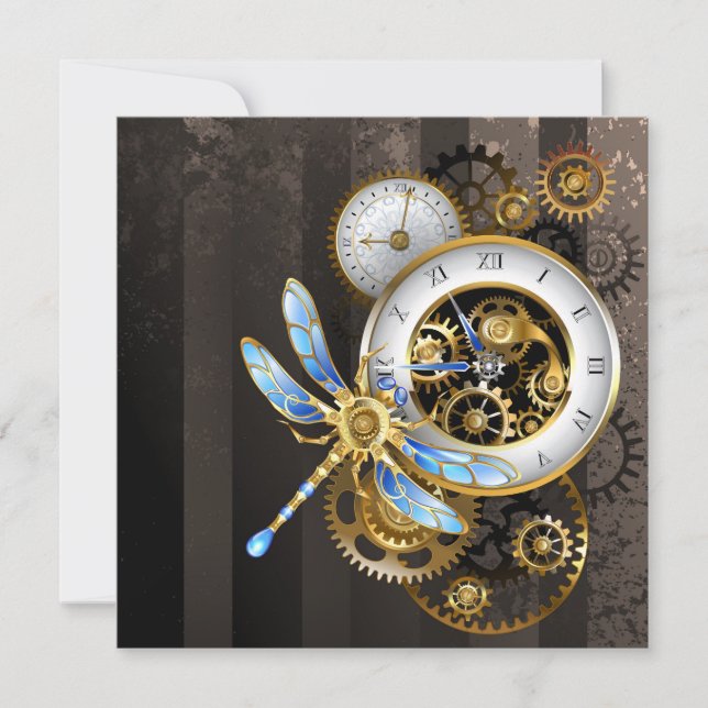 Steampunk Clock with Mechanical Dragonfly Card (Front)
