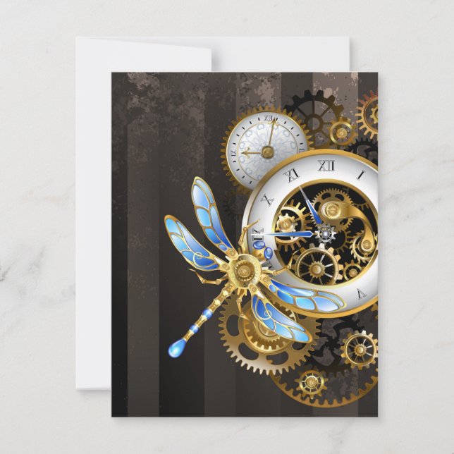 Steampunk Clock with Mechanical Dragonfly Card (Front)