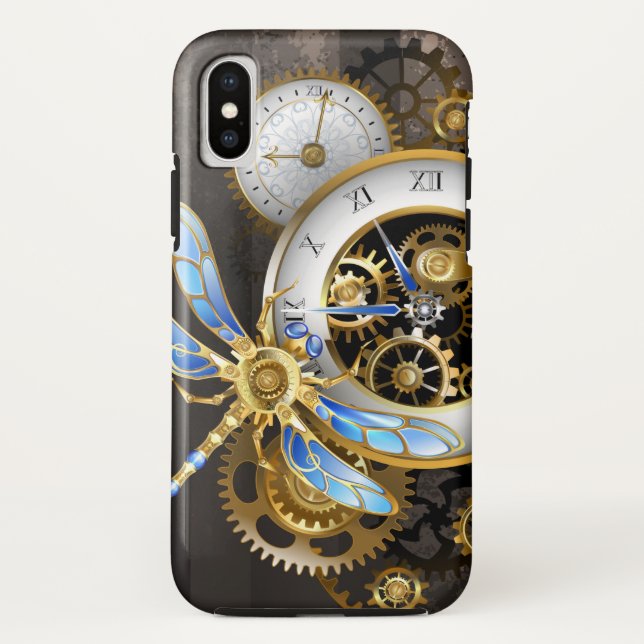 Steampunk Clock with Mechanical Dragonfly Case-Mate iPhone Case (Back)