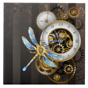 Steampunk Clock with Mechanical Dragonfly Ceramic Tile