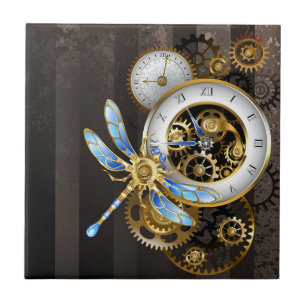 Steampunk Clock with Mechanical Dragonfly Ceramic Tile