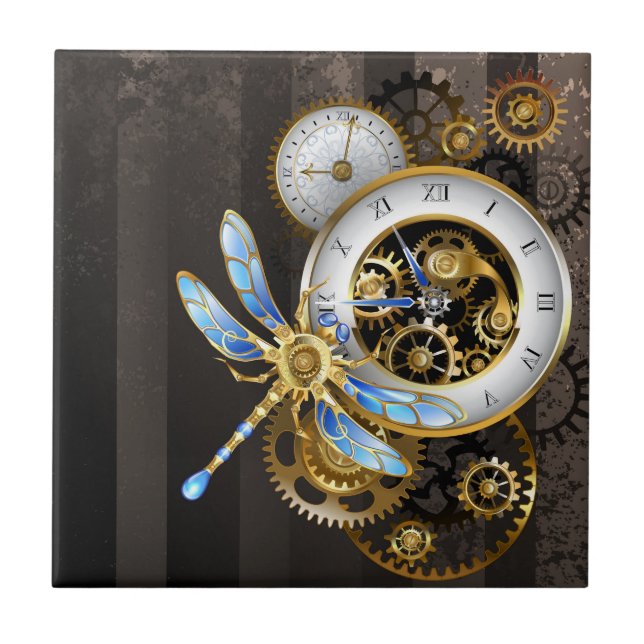 Steampunk Clock with Mechanical Dragonfly Ceramic Tile (Front)