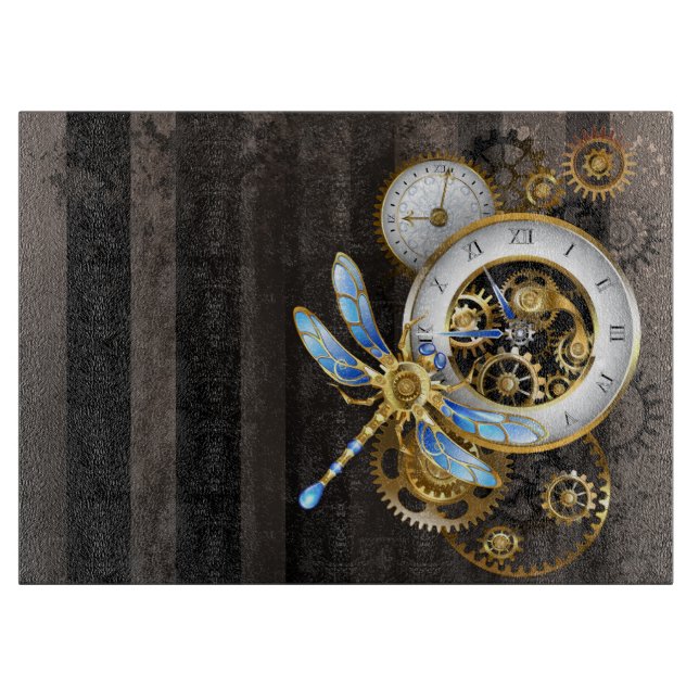 Steampunk Clock with Mechanical Dragonfly Cutting Board (Front)