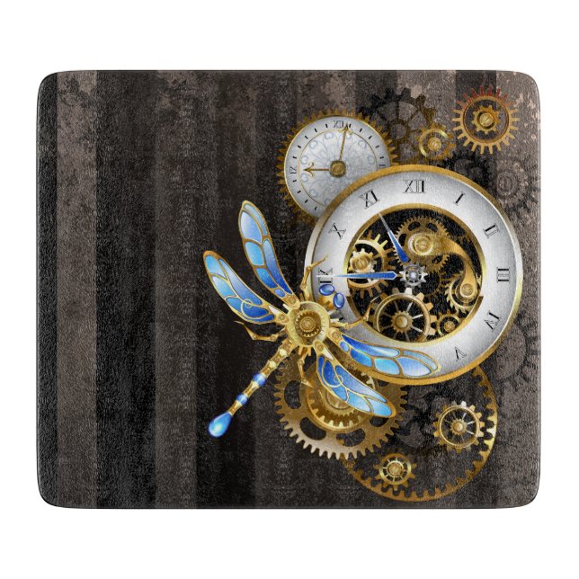 Steampunk Clock with Mechanical Dragonfly Cutting Board (Front)