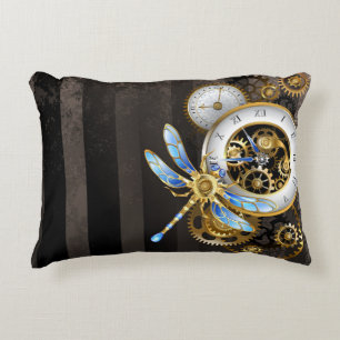 Steampunk Clock with Mechanical Dragonfly Decorative Cushion