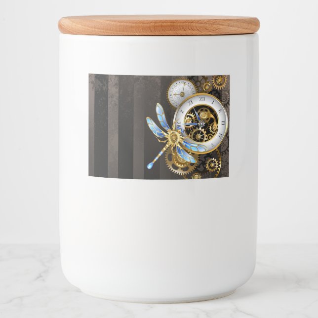 Steampunk Clock with Mechanical Dragonfly Food Label (Front)
