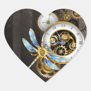 Steampunk Clock with Mechanical Dragonfly Heart Sticker