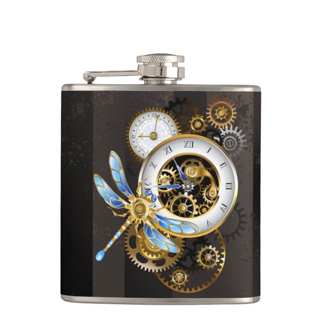 Steampunk Clock with Mechanical Dragonfly Hip Flask (Front)