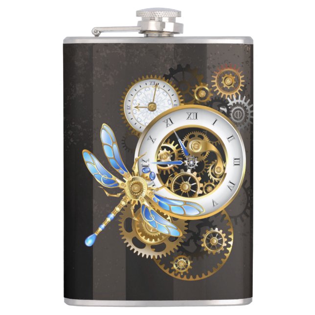 Steampunk Clock with Mechanical Dragonfly Hip Flask (Front)