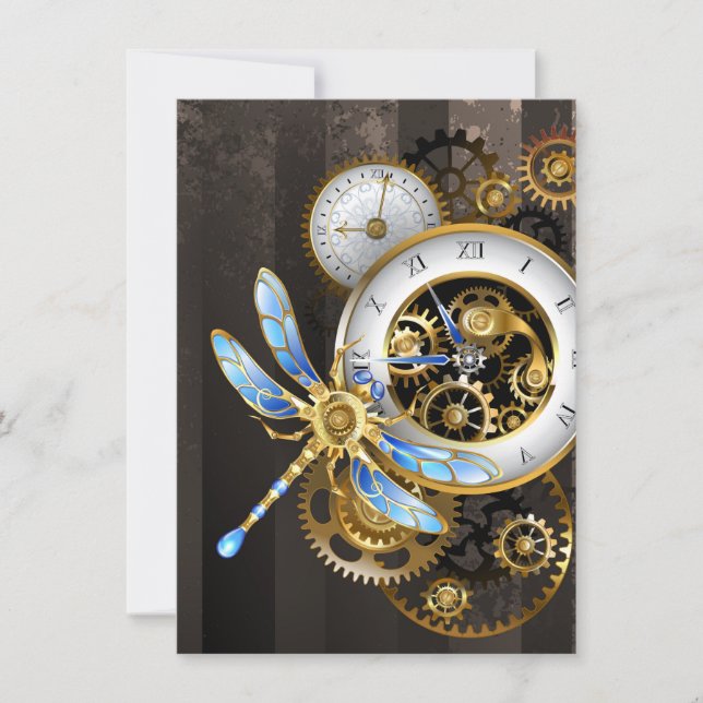 Steampunk Clock with Mechanical Dragonfly Holiday Card (Front)