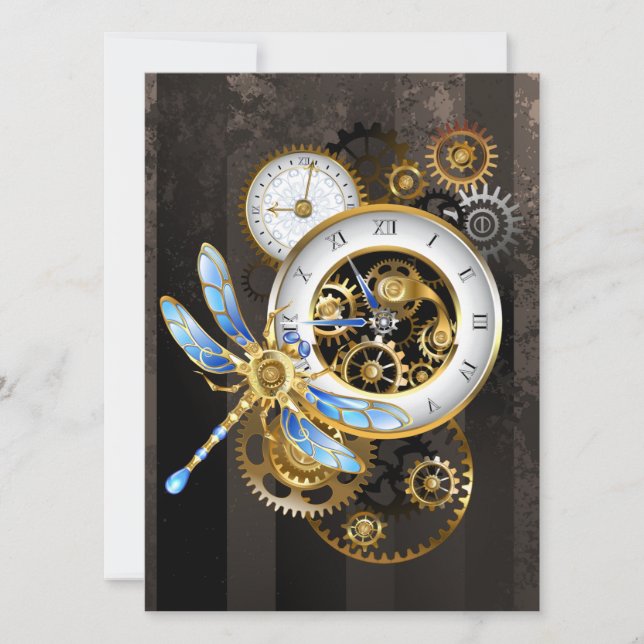 Steampunk Clock with Mechanical Dragonfly Holiday Card (Front)