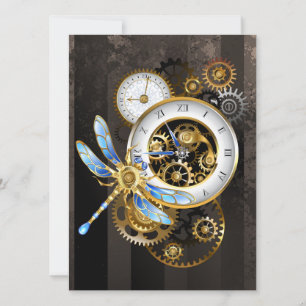Steampunk Clock with Mechanical Dragonfly Holiday Card