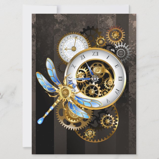 Steampunk Clock with Mechanical Dragonfly Holiday Card (Front)
