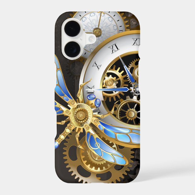 Steampunk Clock with Mechanical Dragonfly iPhone Case (Back)