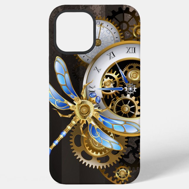 Steampunk Clock with Mechanical Dragonfly iPhone Case (Back)