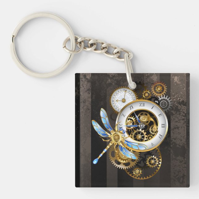 Steampunk Clock with Mechanical Dragonfly Key Ring (Front)