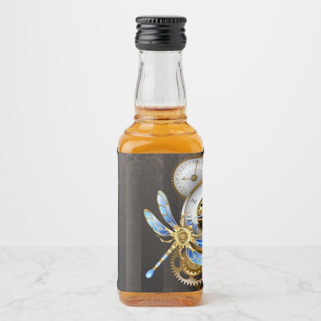 Steampunk Clock with Mechanical Dragonfly Liquor Bottle Label (Front)
