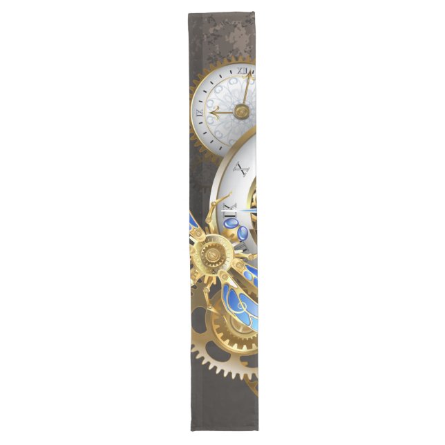 Steampunk Clock with Mechanical Dragonfly Long Table Runner (Front)