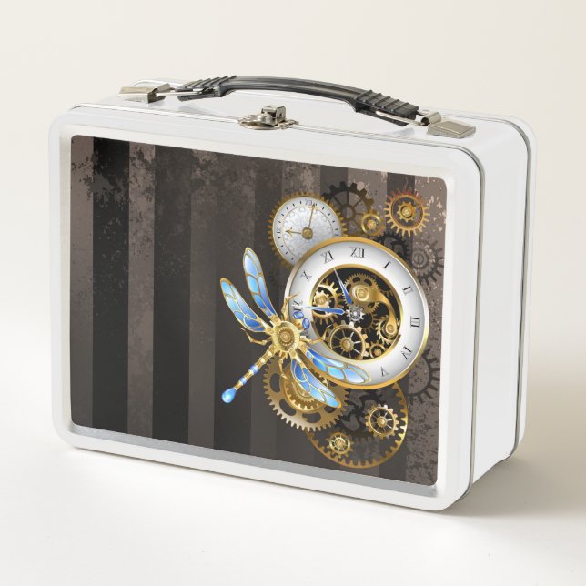 Steampunk Clock with Mechanical Dragonfly Metal Lunch Box (Front)