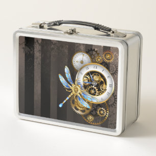 Steampunk Clock with Mechanical Dragonfly Metal Lunch Box