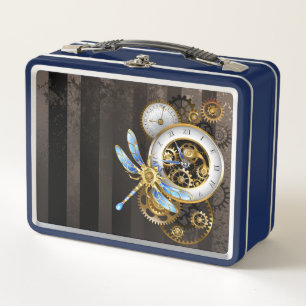 Steampunk Clock with Mechanical Dragonfly Metal Lunch Box