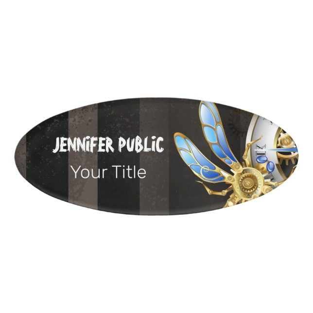 Steampunk Clock with Mechanical Dragonfly Name Tag (Front)